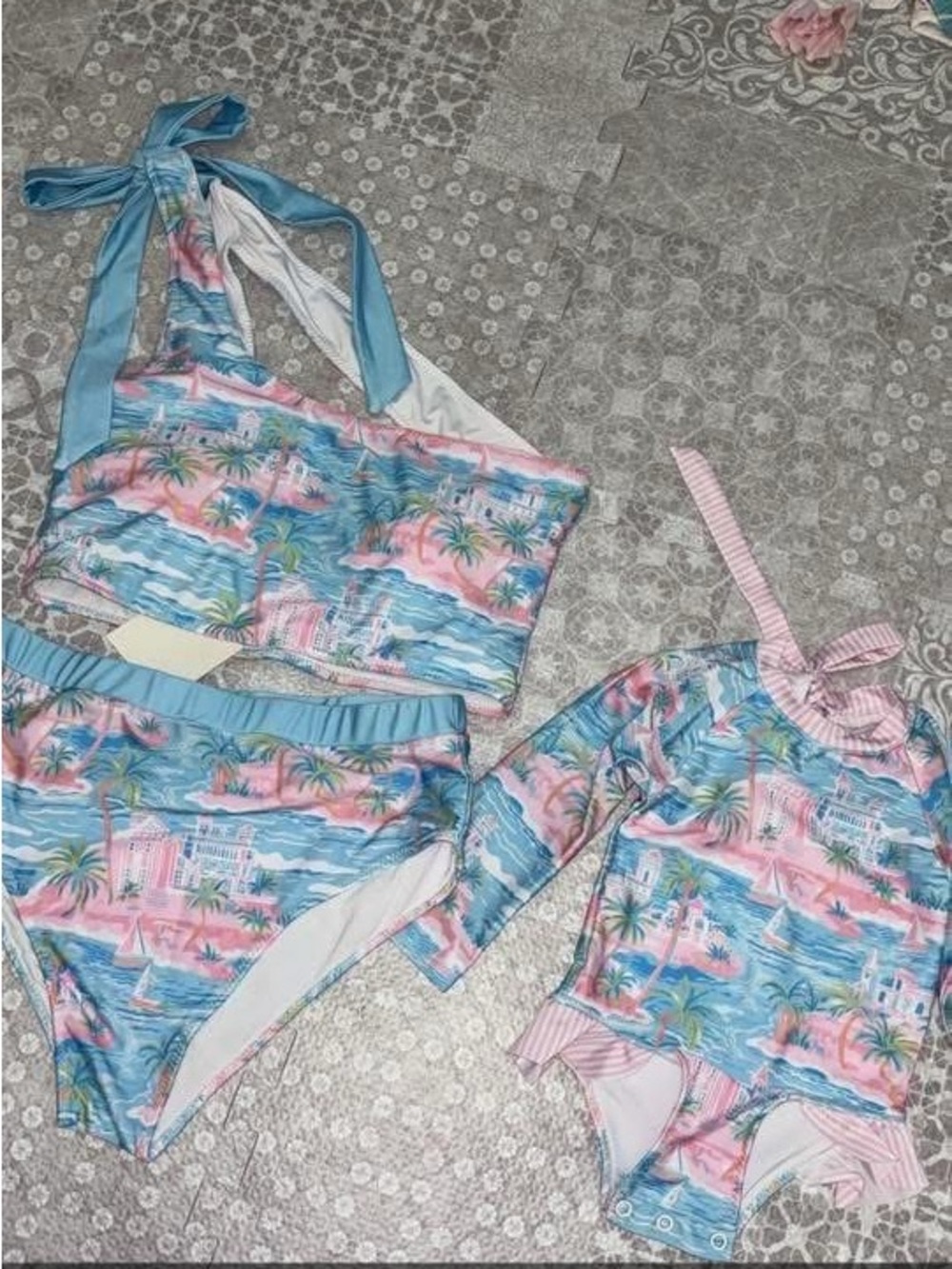 Tropical Palm Print Matching Women's and Baby Bikini Set in Blue & Pink